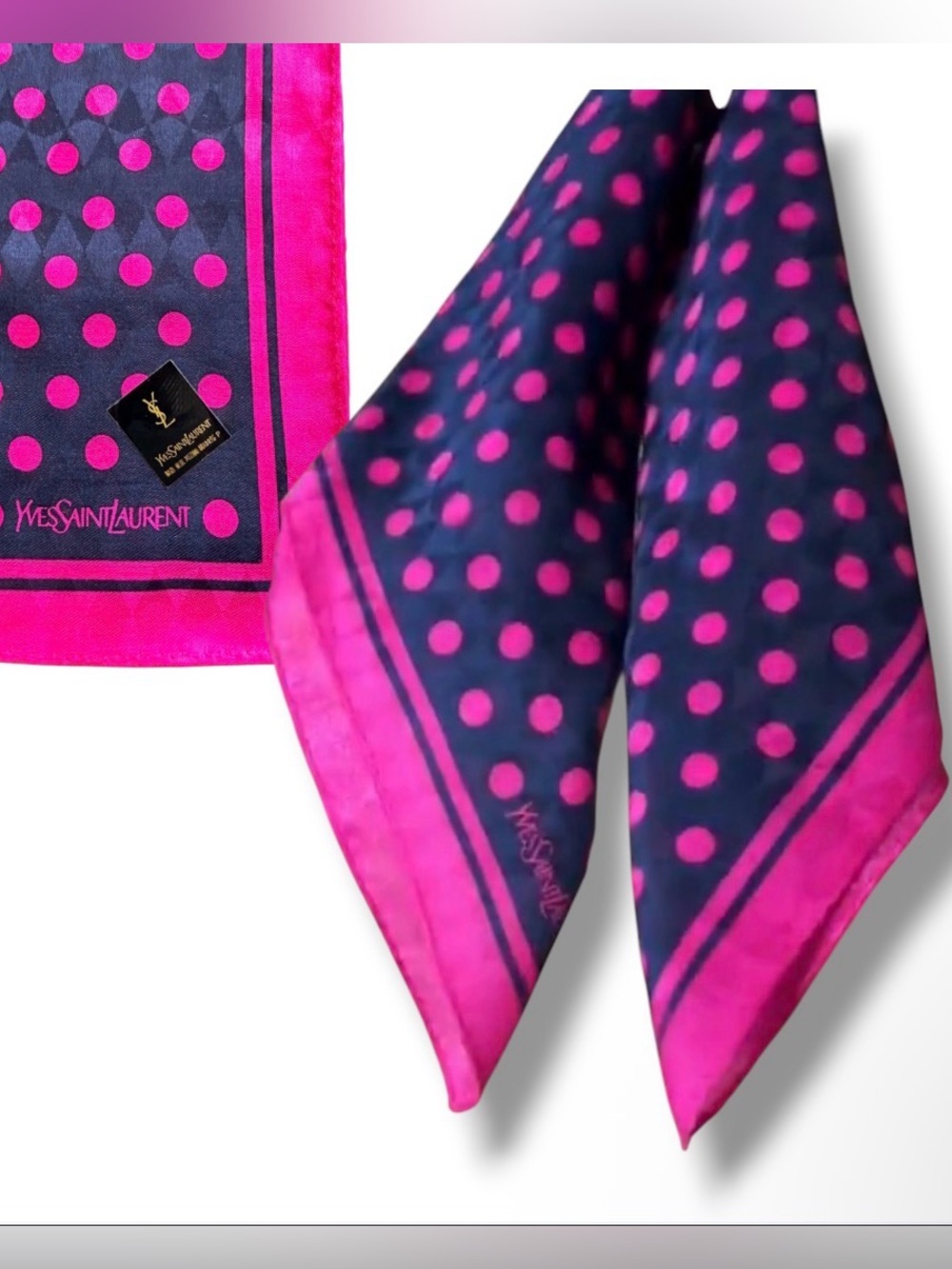 Yves Saint Laurent fuchsia pink & navy blue  polka dot pattern Scarf